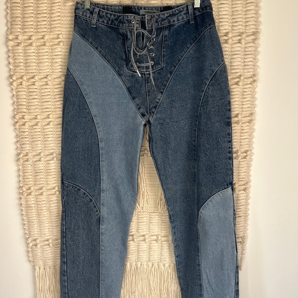 Maniere De Voir lace up patchwork jeans - Picture 2 of 9